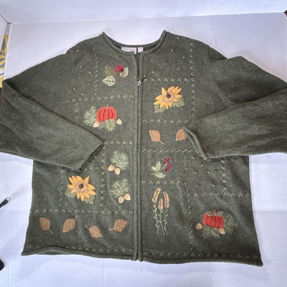 GrandmaCore Vtg 90s Autumn Harvest Cardigan Sweater 2X Embroidery Pumpkin Angora